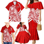 Personalized Gold Coast Suns Family Matching Mermaid Dress and Hawaiian Shirt Polynesian Tribal Sun Mascot With Hibiscus Floral Art