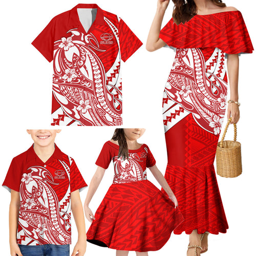 Personalized Gold Coast Suns Family Matching Mermaid Dress and Hawaiian Shirt Polynesian Tribal Sun Mascot With Hibiscus Floral Art