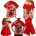 Personalized Gold Coast Suns Family Matching Mermaid Dress and Hawaiian Shirt Polynesian Tribal Sun Mascot With Hibiscus Floral Art