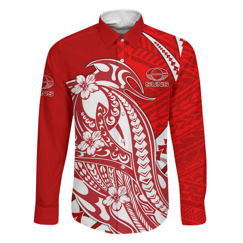 Personalized Gold Coast Suns Family Matching Mermaid Dress and Hawaiian Shirt Polynesian Tribal Sun Mascot With Hibiscus Floral Art