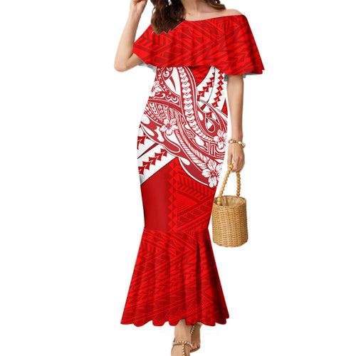 Personalized Gold Coast Suns Family Matching Mermaid Dress and Hawaiian Shirt Polynesian Tribal Sun Mascot With Hibiscus Floral Art