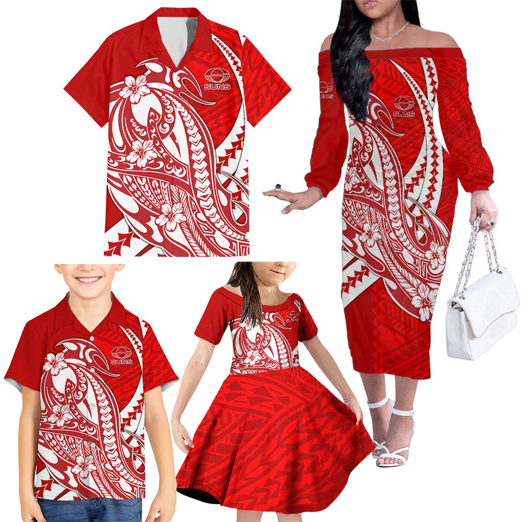 Personalized Gold Coast Suns Family Matching Off The Shoulder Long Sleeve Dress and Hawaiian Shirt Polynesian Tribal Sun Mascot With Hibiscus Floral Art