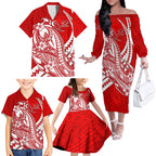 Personalized Gold Coast Suns Family Matching Off The Shoulder Long Sleeve Dress and Hawaiian Shirt Polynesian Tribal Sun Mascot With Hibiscus Floral Art
