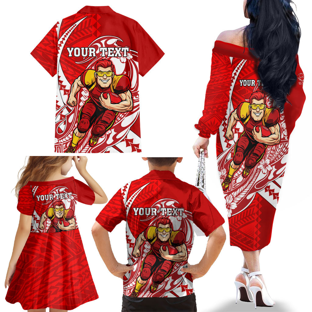 Personalized Gold Coast Suns Family Matching Off The Shoulder Long Sleeve Dress and Hawaiian Shirt Polynesian Tribal Sun Mascot With Hibiscus Floral Art