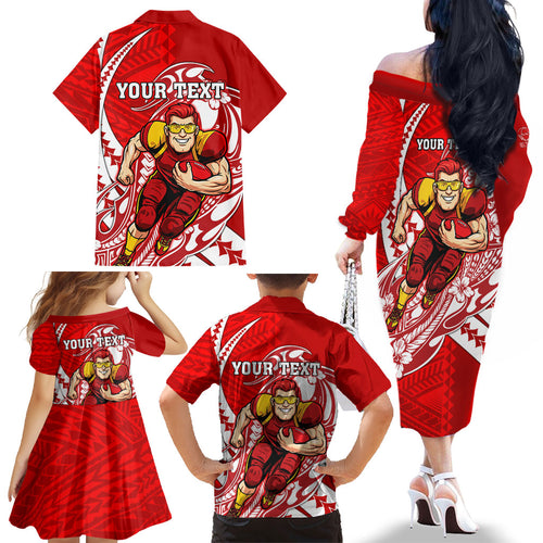 Personalized Gold Coast Suns Family Matching Off The Shoulder Long Sleeve Dress and Hawaiian Shirt Polynesian Tribal Sun Mascot With Hibiscus Floral Art