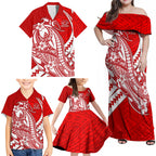 Personalized Gold Coast Suns Family Matching Off Shoulder Maxi Dress and Hawaiian Shirt Polynesian Tribal Sun Mascot With Hibiscus Floral Art