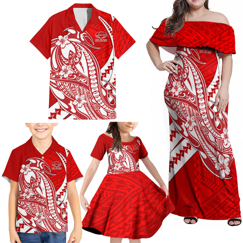 Personalized Gold Coast Suns Family Matching Off Shoulder Maxi Dress and Hawaiian Shirt Polynesian Tribal Sun Mascot With Hibiscus Floral Art