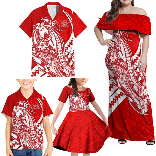 Personalized Gold Coast Suns Family Matching Off Shoulder Maxi Dress and Hawaiian Shirt Polynesian Tribal Sun Mascot With Hibiscus Floral Art