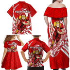 Personalized Gold Coast Suns Family Matching Off Shoulder Maxi Dress and Hawaiian Shirt Polynesian Tribal Sun Mascot With Hibiscus Floral Art