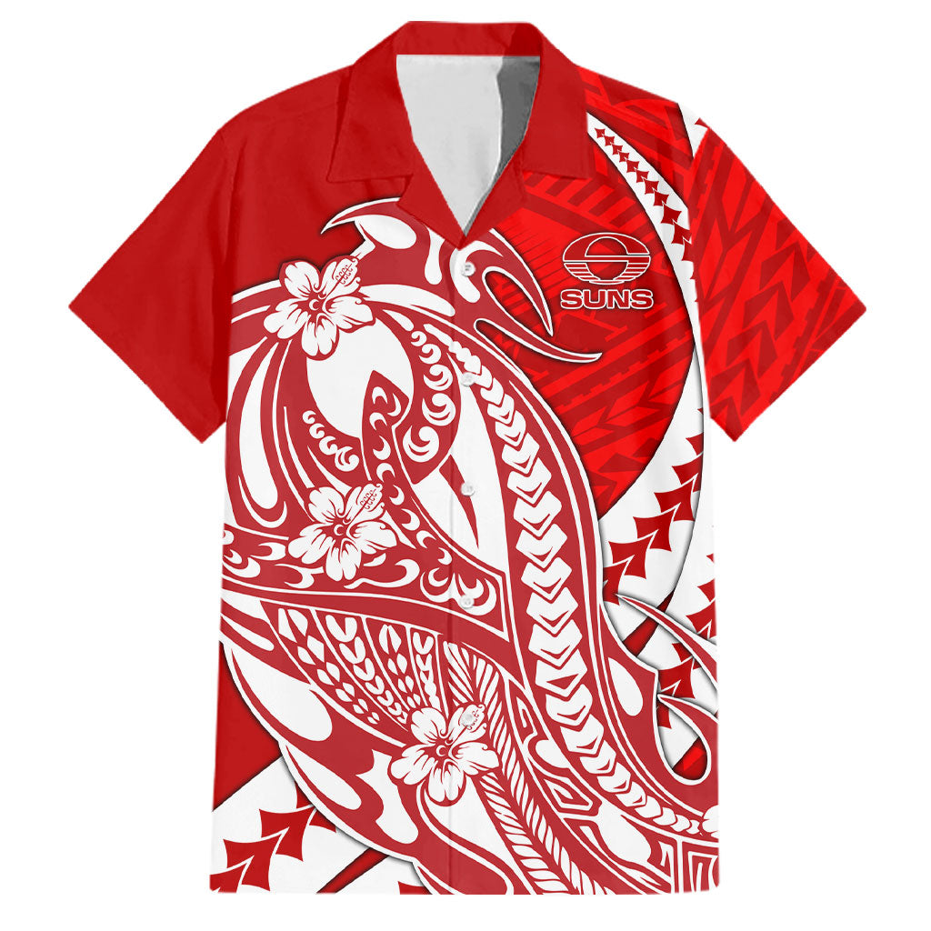 Personalized Gold Coast Suns Family Matching Off Shoulder Maxi Dress and Hawaiian Shirt Polynesian Tribal Sun Mascot With Hibiscus Floral Art