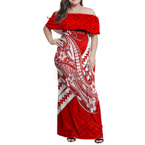 Personalized Gold Coast Suns Family Matching Off Shoulder Maxi Dress and Hawaiian Shirt Polynesian Tribal Sun Mascot With Hibiscus Floral Art
