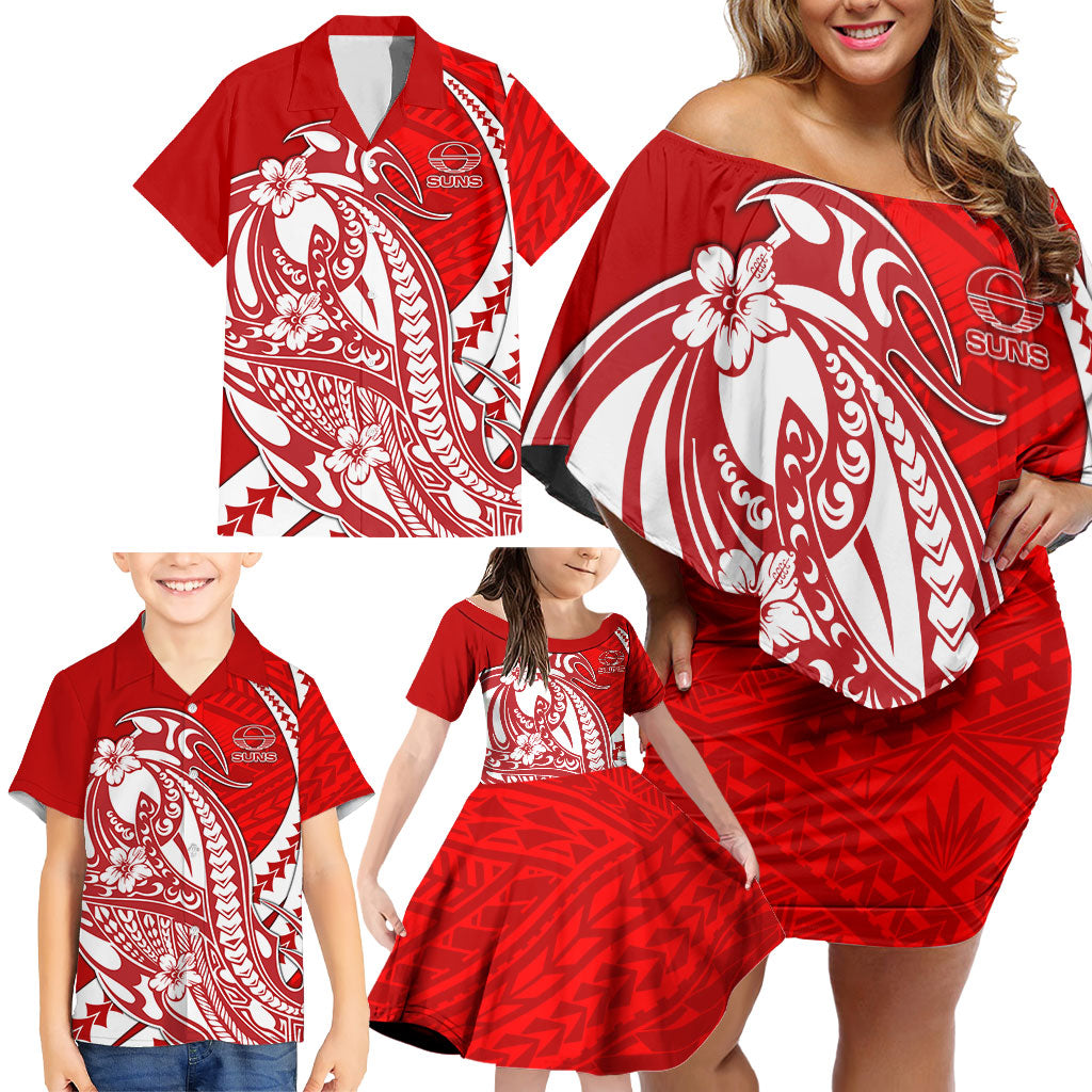 Personalized Gold Coast Suns Family Matching Off Shoulder Short Dress and Hawaiian Shirt Polynesian Tribal Sun Mascot With Hibiscus Floral Art