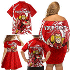 Personalized Gold Coast Suns Family Matching Off Shoulder Short Dress and Hawaiian Shirt Polynesian Tribal Sun Mascot With Hibiscus Floral Art