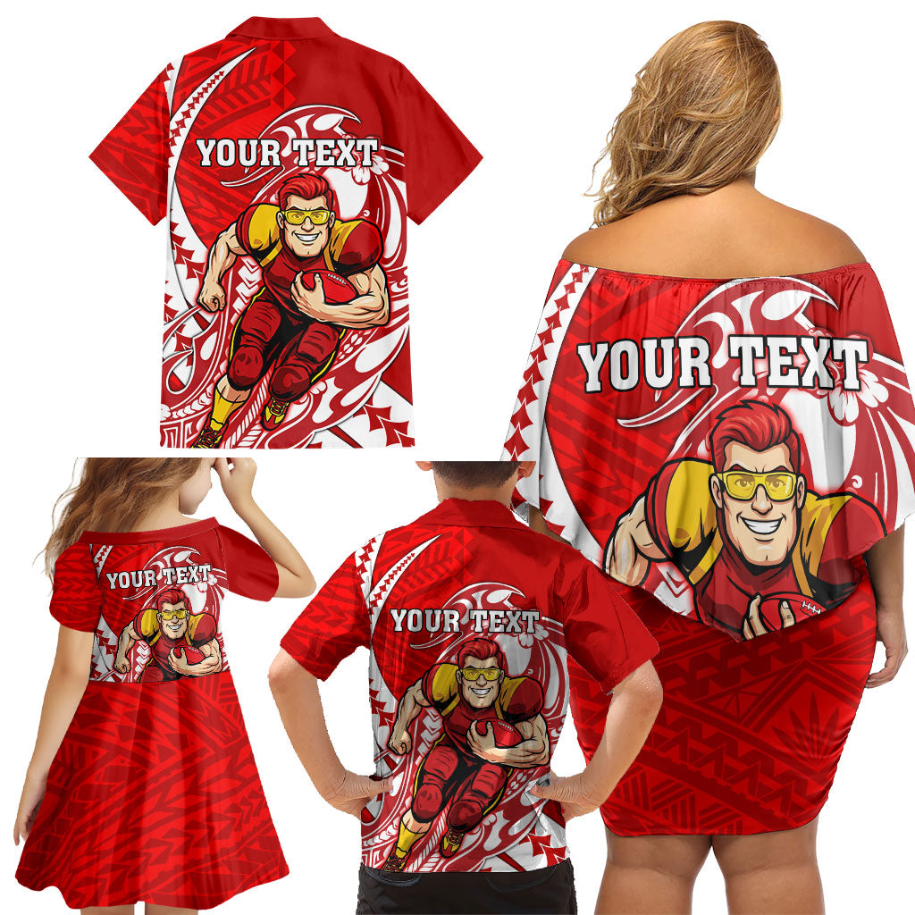 Personalized Gold Coast Suns Family Matching Off Shoulder Short Dress and Hawaiian Shirt Polynesian Tribal Sun Mascot With Hibiscus Floral Art