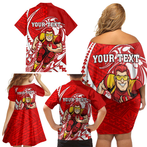 Personalized Gold Coast Suns Family Matching Off Shoulder Short Dress and Hawaiian Shirt Polynesian Tribal Sun Mascot With Hibiscus Floral Art