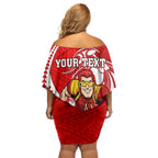 Personalized Gold Coast Suns Family Matching Off Shoulder Short Dress and Hawaiian Shirt Polynesian Tribal Sun Mascot With Hibiscus Floral Art