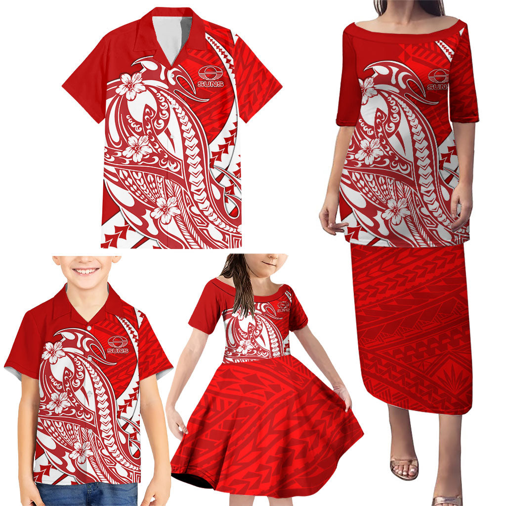 Personalized Gold Coast Suns Family Matching Puletasi and Hawaiian Shirt Polynesian Tribal Sun Mascot With Hibiscus Floral Art