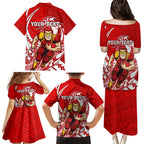 Personalized Gold Coast Suns Family Matching Puletasi and Hawaiian Shirt Polynesian Tribal Sun Mascot With Hibiscus Floral Art