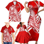 Personalized Gold Coast Suns Family Matching Short Sleeve Bodycon Dress and Hawaiian Shirt Polynesian Tribal Sun Mascot With Hibiscus Floral Art