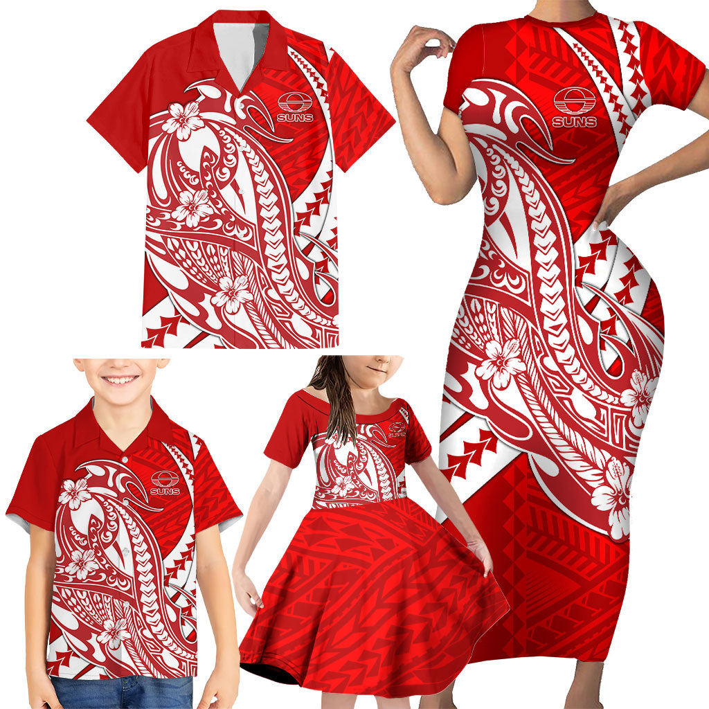 Personalized Gold Coast Suns Family Matching Short Sleeve Bodycon Dress and Hawaiian Shirt Polynesian Tribal Sun Mascot With Hibiscus Floral Art
