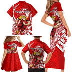 Personalized Gold Coast Suns Family Matching Short Sleeve Bodycon Dress and Hawaiian Shirt Polynesian Tribal Sun Mascot With Hibiscus Floral Art