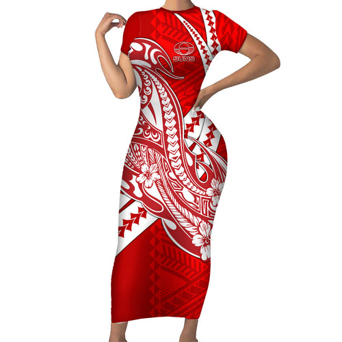 Personalized Gold Coast Suns Family Matching Short Sleeve Bodycon Dress and Hawaiian Shirt Polynesian Tribal Sun Mascot With Hibiscus Floral Art
