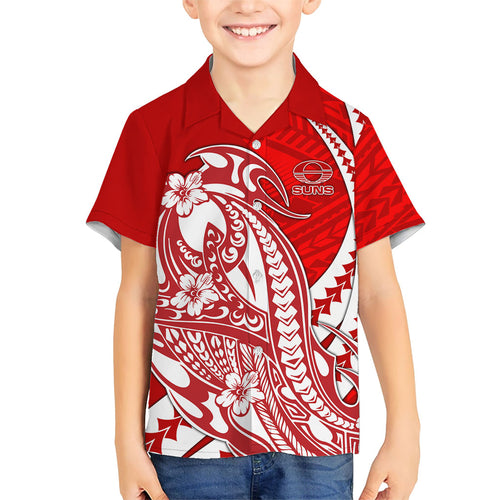 Personalized Gold Coast Suns Family Matching Short Sleeve Bodycon Dress and Hawaiian Shirt Polynesian Tribal Sun Mascot With Hibiscus Floral Art