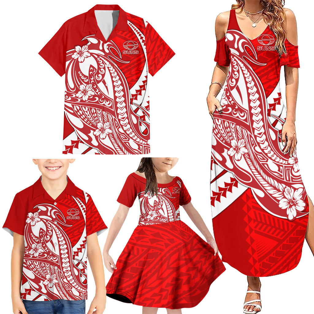 Personalized Gold Coast Suns Family Matching Summer Maxi Dress and Hawaiian Shirt Polynesian Tribal Sun Mascot With Hibiscus Floral Art