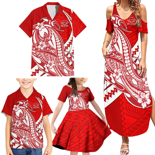 Personalized Gold Coast Suns Family Matching Summer Maxi Dress and Hawaiian Shirt Polynesian Tribal Sun Mascot With Hibiscus Floral Art