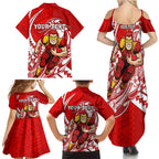 Personalized Gold Coast Suns Family Matching Summer Maxi Dress and Hawaiian Shirt Polynesian Tribal Sun Mascot With Hibiscus Floral Art
