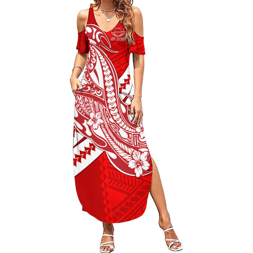 Personalized Gold Coast Suns Family Matching Summer Maxi Dress and Hawaiian Shirt Polynesian Tribal Sun Mascot With Hibiscus Floral Art