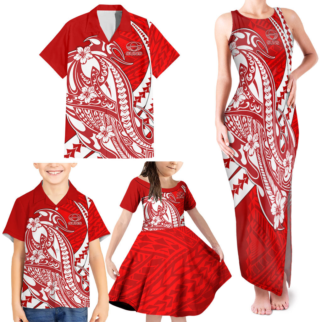 Personalized Gold Coast Suns Family Matching Tank Maxi Dress and Hawaiian Shirt Polynesian Tribal Sun Mascot With Hibiscus Floral Art