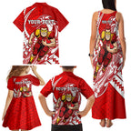 Personalized Gold Coast Suns Family Matching Tank Maxi Dress and Hawaiian Shirt Polynesian Tribal Sun Mascot With Hibiscus Floral Art