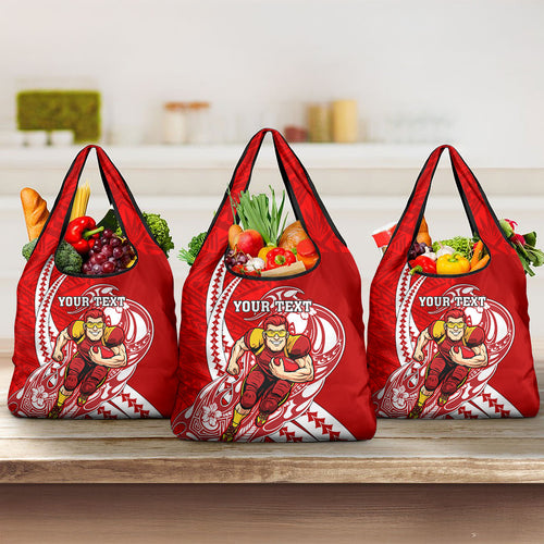 Personalized Gold Coast Suns Grocery Bag Polynesian Tribal Sun Mascot With Hibiscus Floral Art
