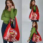 Personalized Gold Coast Suns Grocery Bag Polynesian Tribal Sun Mascot With Hibiscus Floral Art