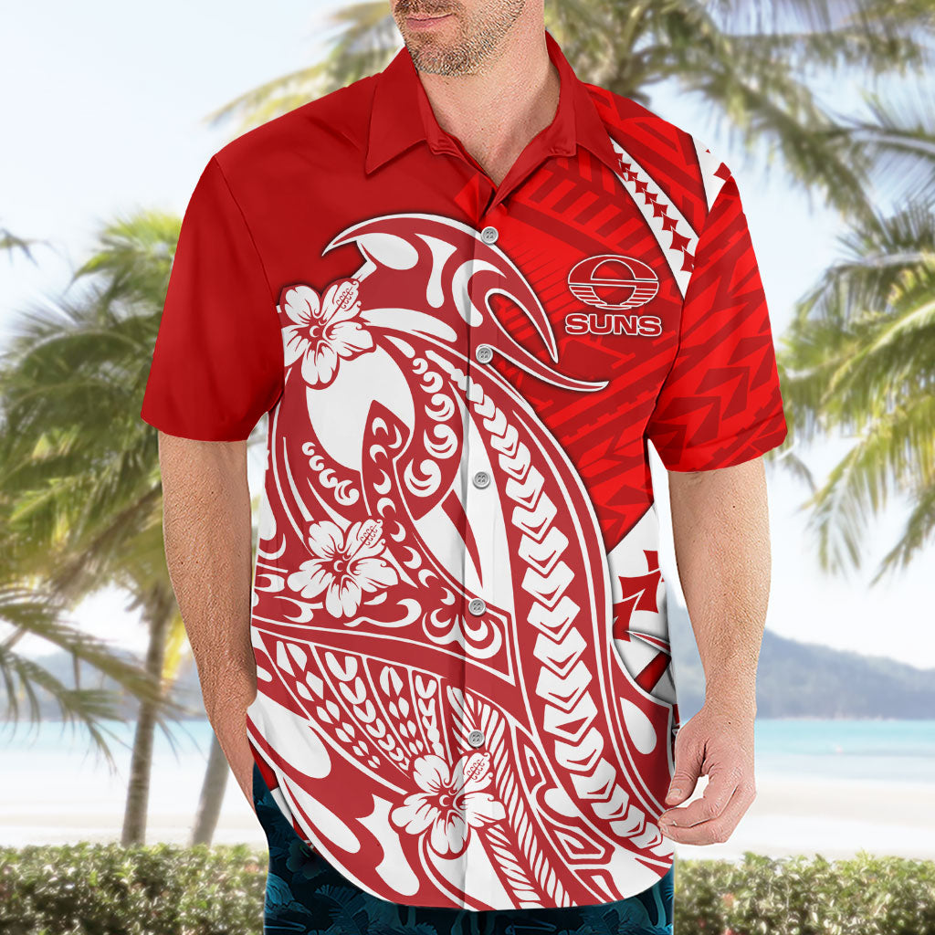 Personalized Gold Coast Suns Hawaiian Shirt Polynesian Tribal Sun Mascot With Hibiscus Floral Art