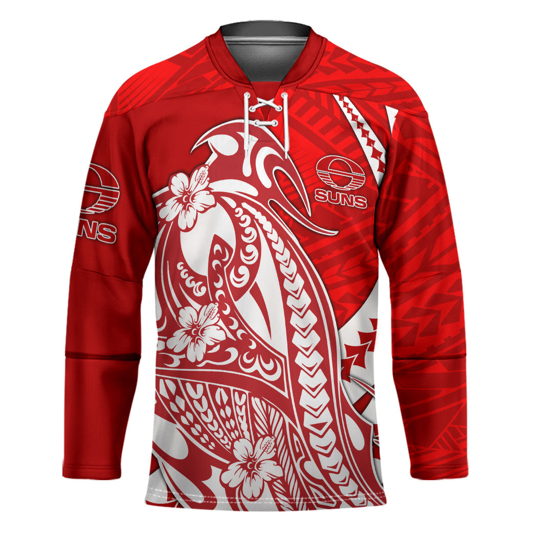 Personalized Gold Coast Suns Hockey Jersey Polynesian Tribal Sun Mascot With Hibiscus Floral Art
