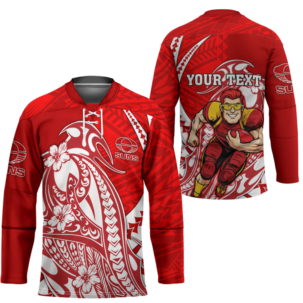 Personalized Gold Coast Suns Hockey Jersey Polynesian Tribal Sun Mascot With Hibiscus Floral Art