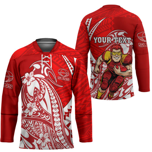 Personalized Gold Coast Suns Hockey Jersey Polynesian Tribal Sun Mascot With Hibiscus Floral Art