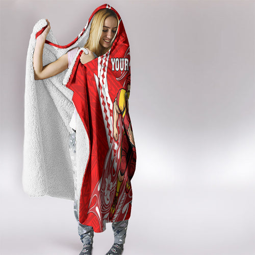 Personalized Gold Coast Suns Hooded Blanket Polynesian Tribal Sun Mascot With Hibiscus Floral Art