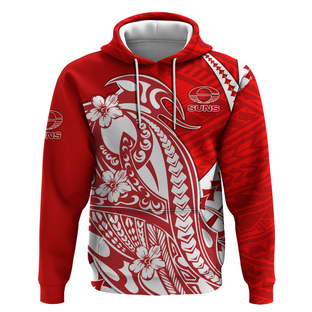 Personalized Gold Coast Suns Hoodie Polynesian Tribal Sun Mascot With Hibiscus Floral Art