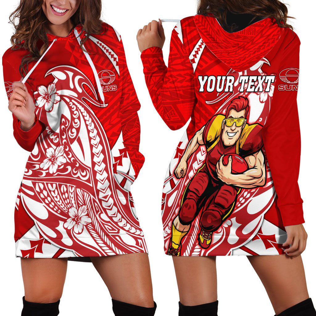 Personalized Gold Coast Suns Hoodie Dress Polynesian Tribal Sun Mascot With Hibiscus Floral Art