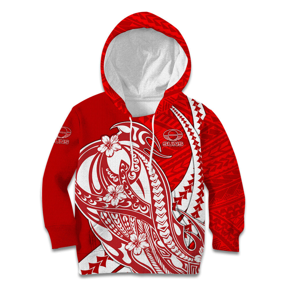 Personalized Gold Coast Suns Kid Hoodie Polynesian Tribal Sun Mascot With Hibiscus Floral Art