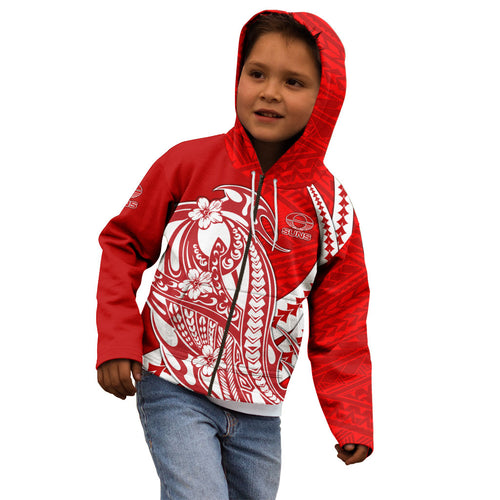 Personalized Gold Coast Suns Kid Hoodie Polynesian Tribal Sun Mascot With Hibiscus Floral Art