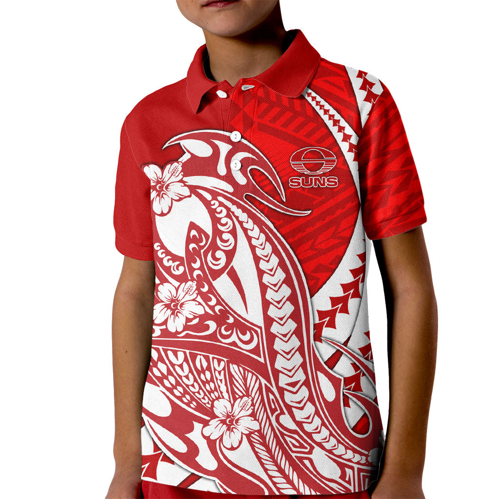 Personalized Gold Coast Suns Kid Polo Shirt Polynesian Tribal Sun Mascot With Hibiscus Floral Art