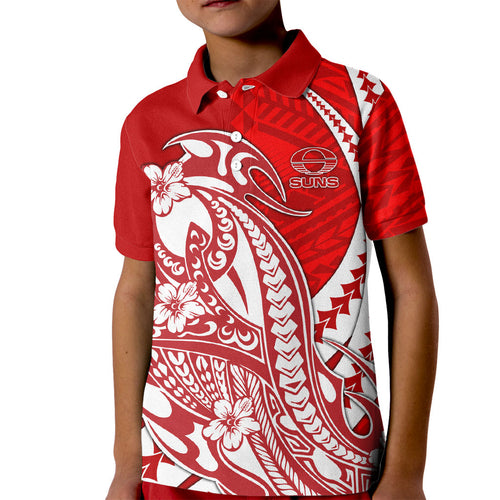 Personalized Gold Coast Suns Kid Polo Shirt Polynesian Tribal Sun Mascot With Hibiscus Floral Art