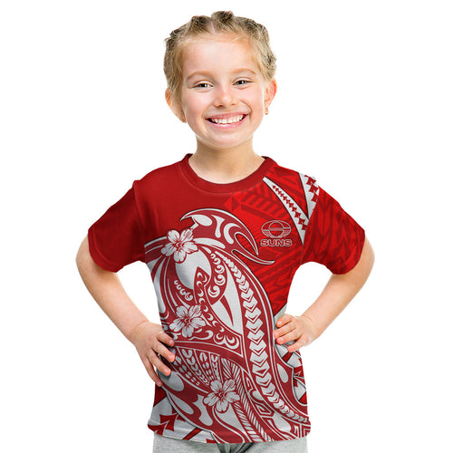 Personalized Gold Coast Suns Kid T Shirt Polynesian Tribal Sun Mascot With Hibiscus Floral Art