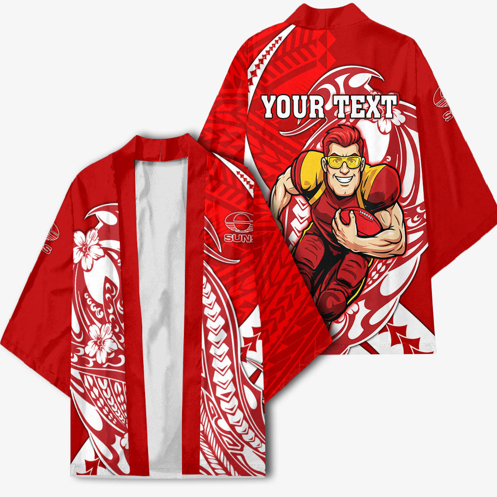 Personalized Gold Coast Suns Kimono Polynesian Tribal Sun Mascot With Hibiscus Floral Art