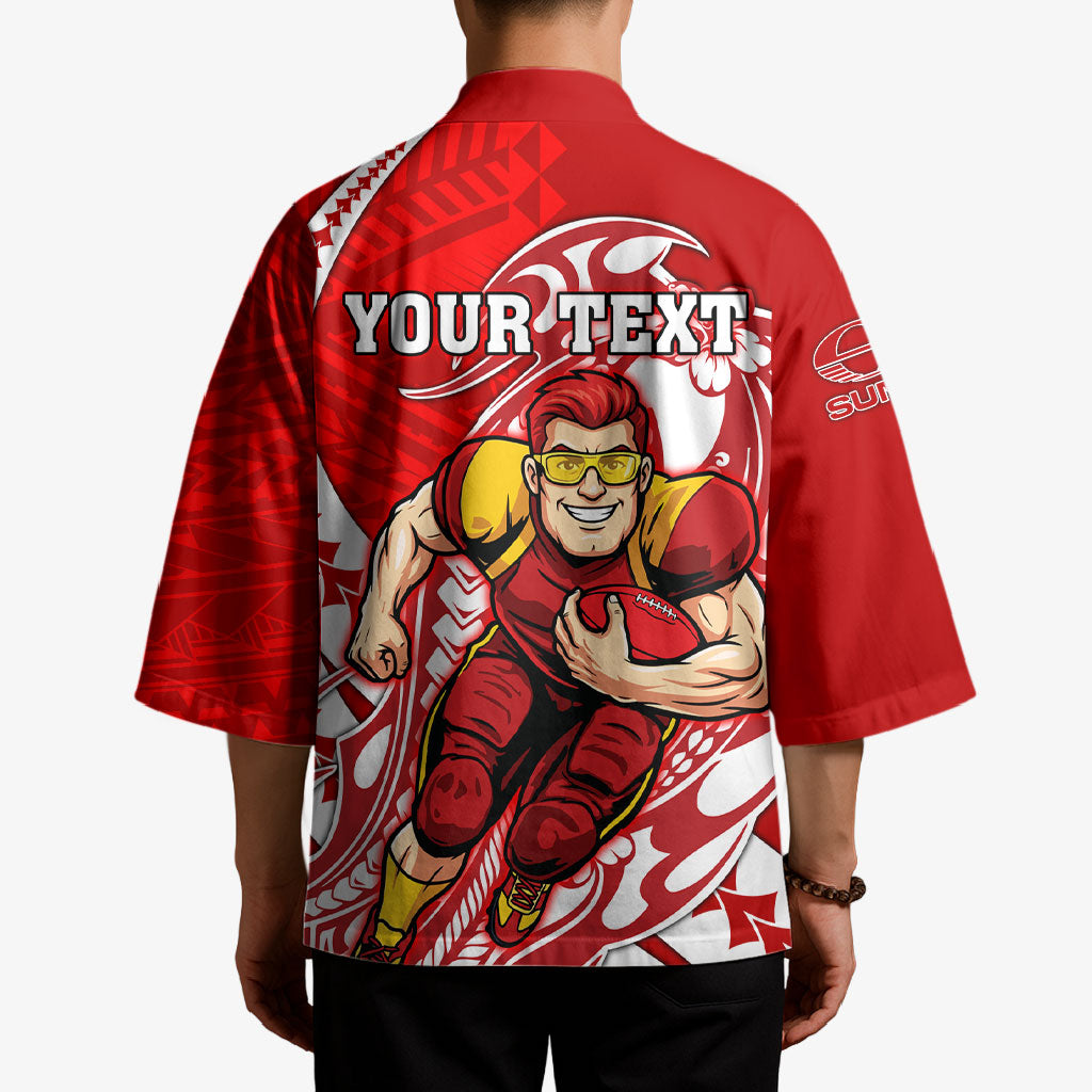 Personalized Gold Coast Suns Kimono Polynesian Tribal Sun Mascot With Hibiscus Floral Art