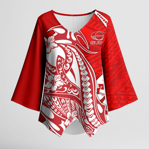 Personalized Gold Coast Suns Kimono Sleeve Blouse Polynesian Tribal Sun Mascot With Hibiscus Floral Art